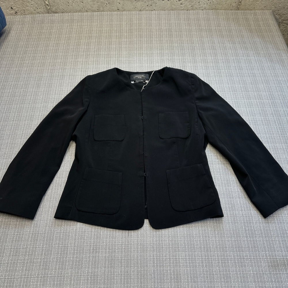 Max Mara Weekend Black Collarless Blazer Jacket Size 12 Hook Eye Closure Pocket*